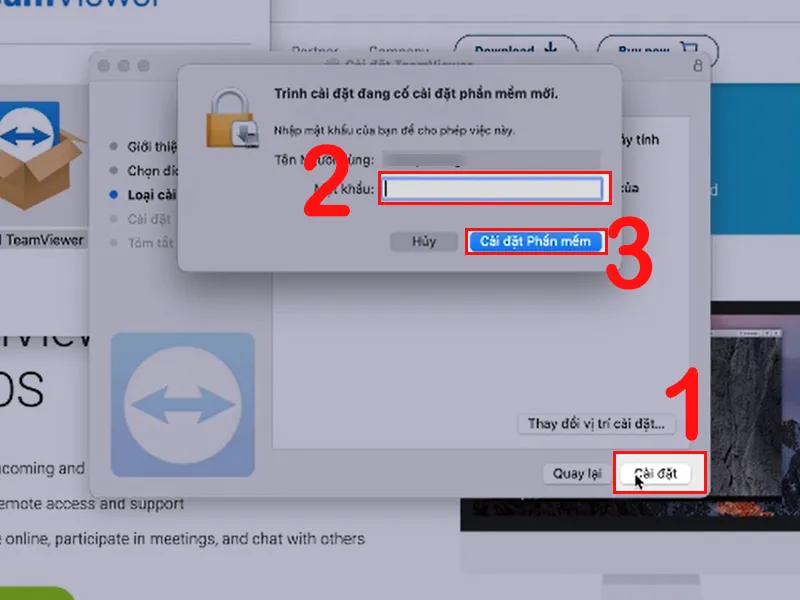 Nhập mật khẩu và tiến hành cài đặt phần mềm TeamViewer trên máy tính Mac
