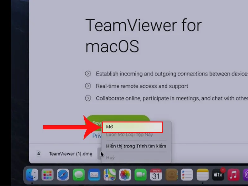 Xác nhận mở tệp cài đặt TeamViewer trên máy tính Mac