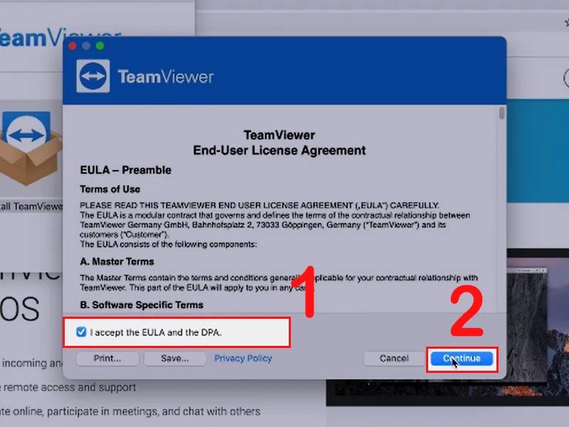 Chấp nhận điều khoản EULA và DPA để tiếp tục cài đặt TeamViewer trên Mac