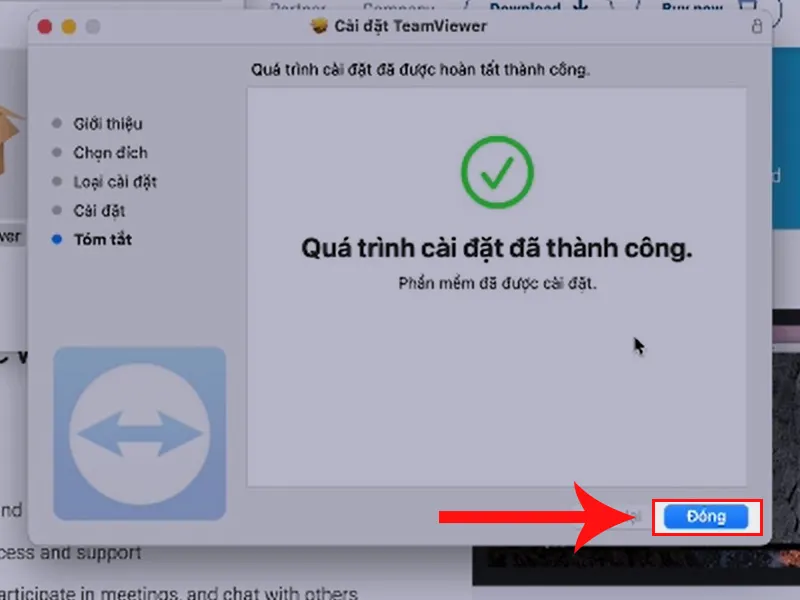 Hoàn tất cài đặt TeamViewer trên macOS và sẵn sàng để mở ứng dụng