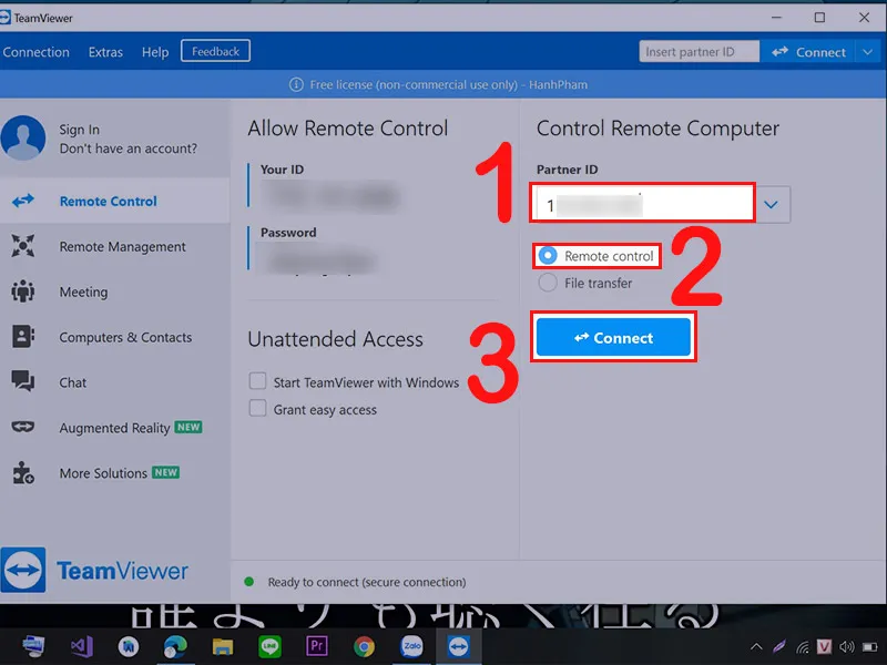 Nhập ID đối tác để bắt đầu kết nối điều khiển từ xa TeamViewer trên máy tính Win 10