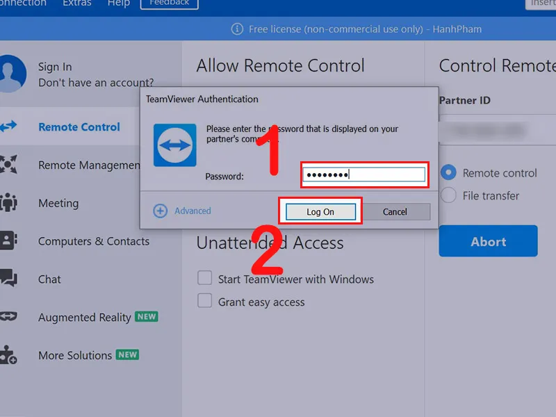 Nhập mật khẩu được cung cấp để hoàn tất kết nối TeamViewer trên máy tính Win 10