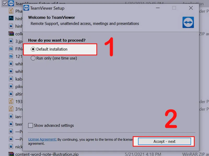 Chọn chế độ cài đặt mặc định Default Installation khi cài TeamViewer trên Windows 10