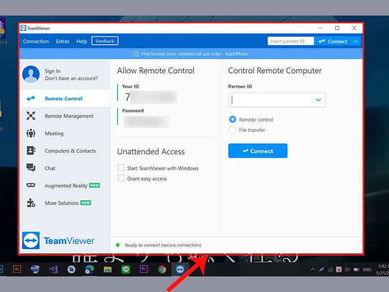 Giao diện chính của TeamViewer sau khi đã mở và cài đặt thành công trên máy tính Win 10