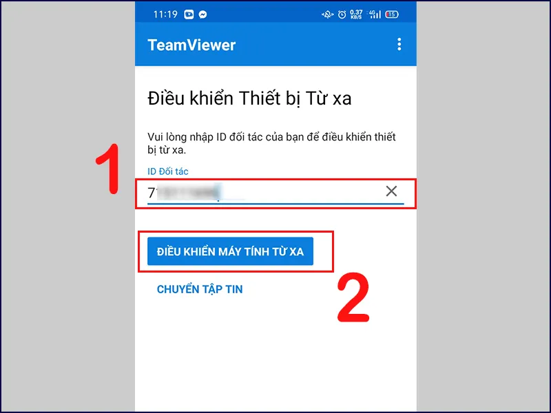 Chọn chức năng điều khiển máy tính từ xa trong ứng dụng TeamViewer trên điện thoại
