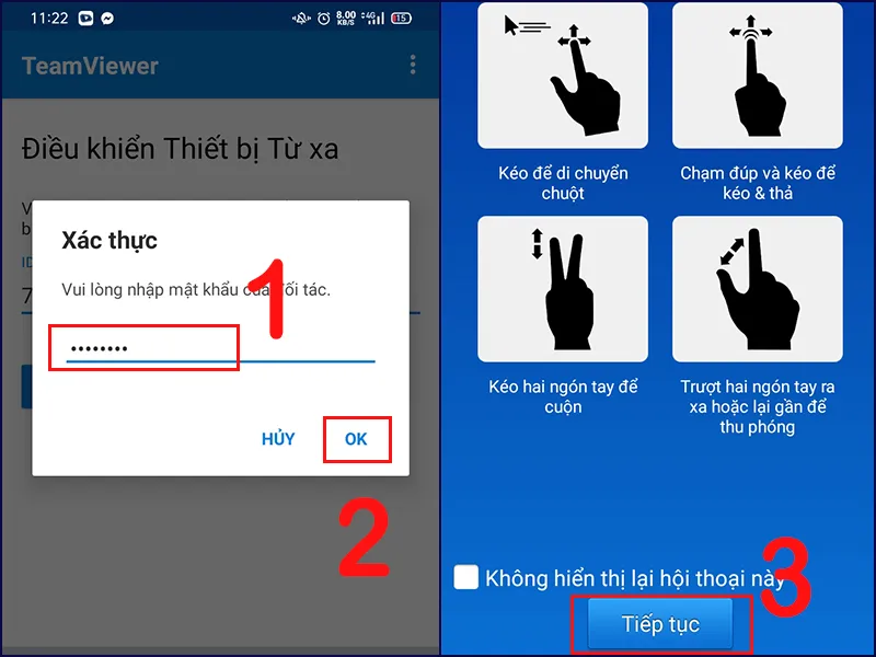 Nhập mật khẩu để kết nối TeamViewer từ điện thoại đến máy tính Windows 10