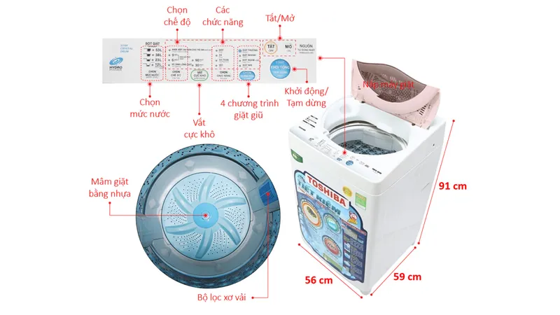 Bảng điều khiển trực quan trên máy giặt Toshiba AW-A800SV hiển thị rõ các chức năng và chế độ giặt