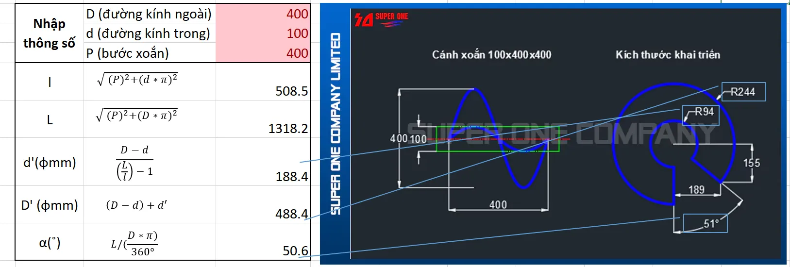 Giao diện file Excel hỗ trợ tính toán khai triển cánh vít tải tự động