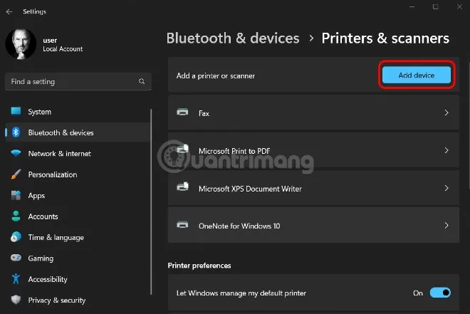 Nút Add device màu xanh hiển thị trong cài đặt Printers &amp; scanners trên Windows 11, phục vụ cách sử dụng máy in qua mạng wifi.