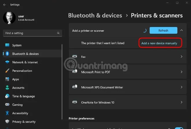 Tùy chọn Add a new device manually, dùng khi máy tính không tự động tìm thấy máy in WiFi.