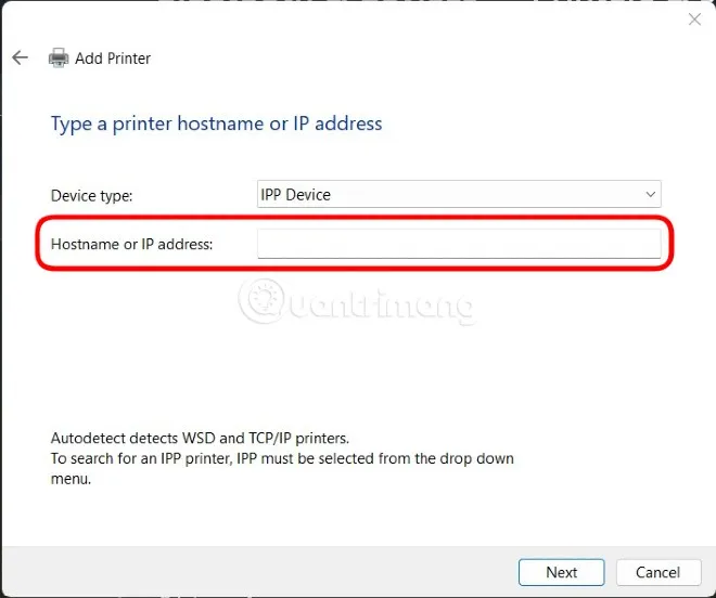 Nhập địa chỉ IP của máy in vào Hostname or IP address để thiết lập kết nối máy in qua mạng.