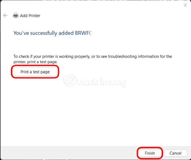 Hoàn tất cài đặt máy in trên Windows 11, với tùy chọn in thử trang để kiểm tra kết nối không dây.