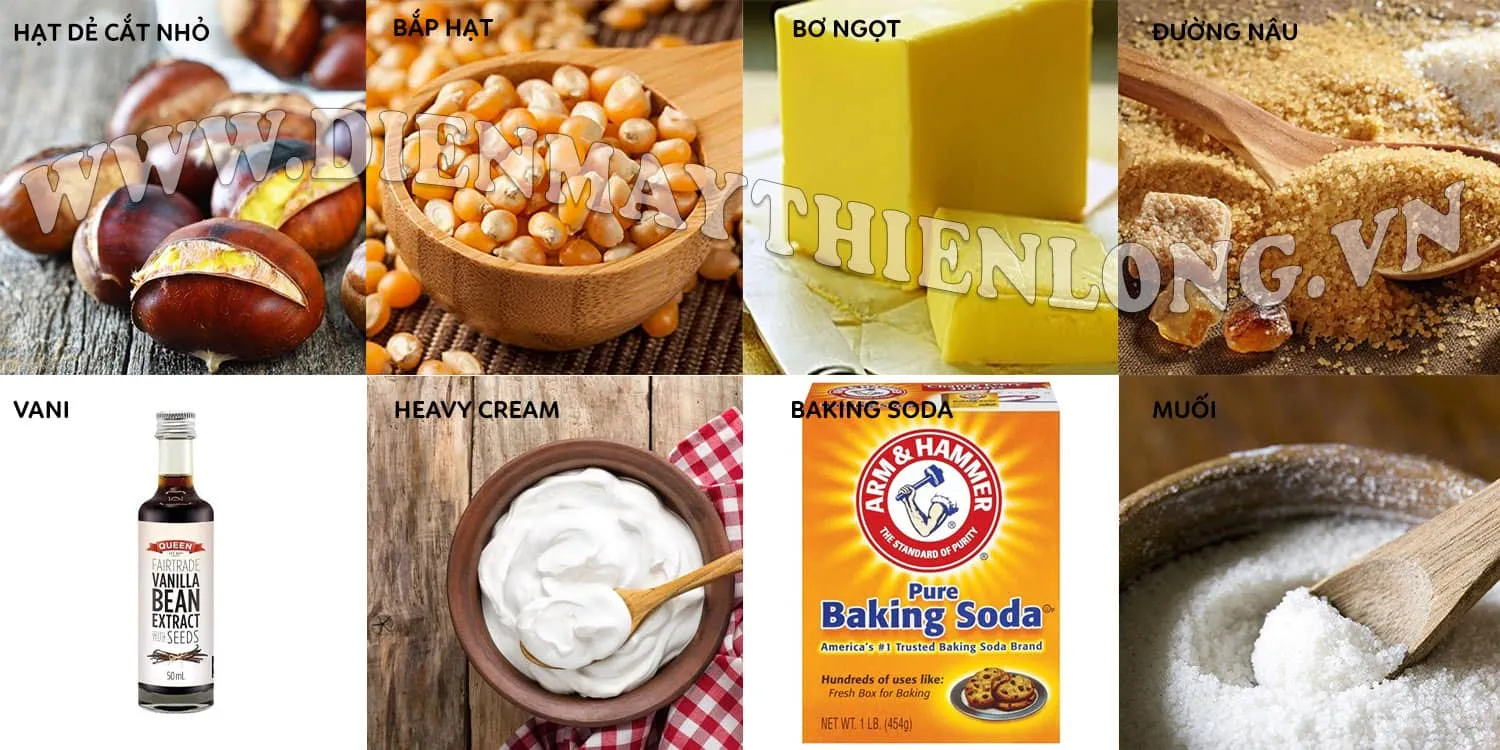 Bộ nguyên liệu làm bắp rang bơ bao gồm hạt bắp, bơ, đường và các hương liệu đi kèm