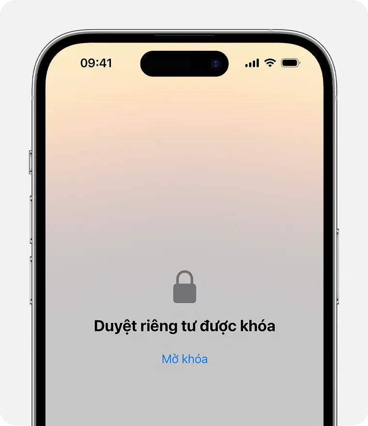 Cửa sổ duyệt riêng tư bị khóa trong Safari trên iPhone, cần mở khóa cài đặt máy tính bằng Face ID.