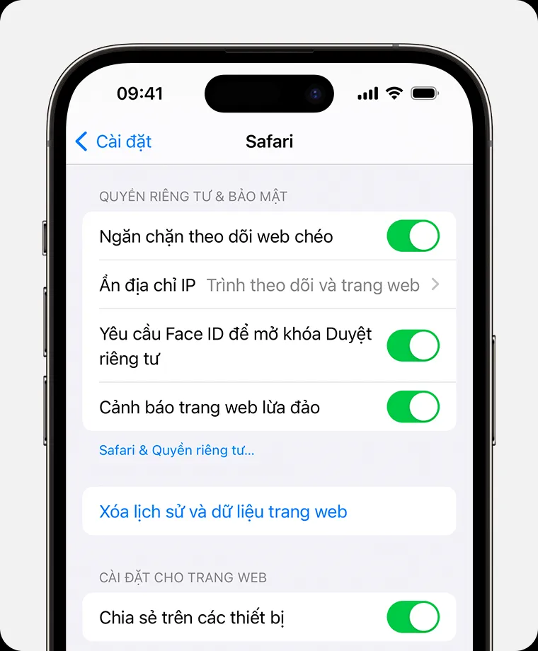 Cài đặt Safari trên iPhone hiển thị tùy chọn Face ID để mở khóa Duyệt riêng tư, minh họa cách mở khóa cài đặt máy tính.