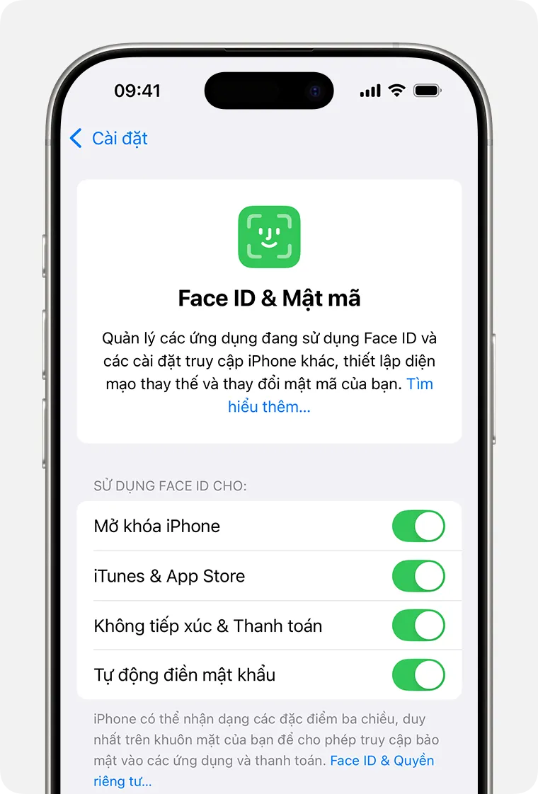 Giao diện cài đặt Face ID và mật mã trên iPhone X, nơi người dùng có thể kiểm tra các tùy chọn bảo mật khi iphone x hư face id mở máy bằng cách nào