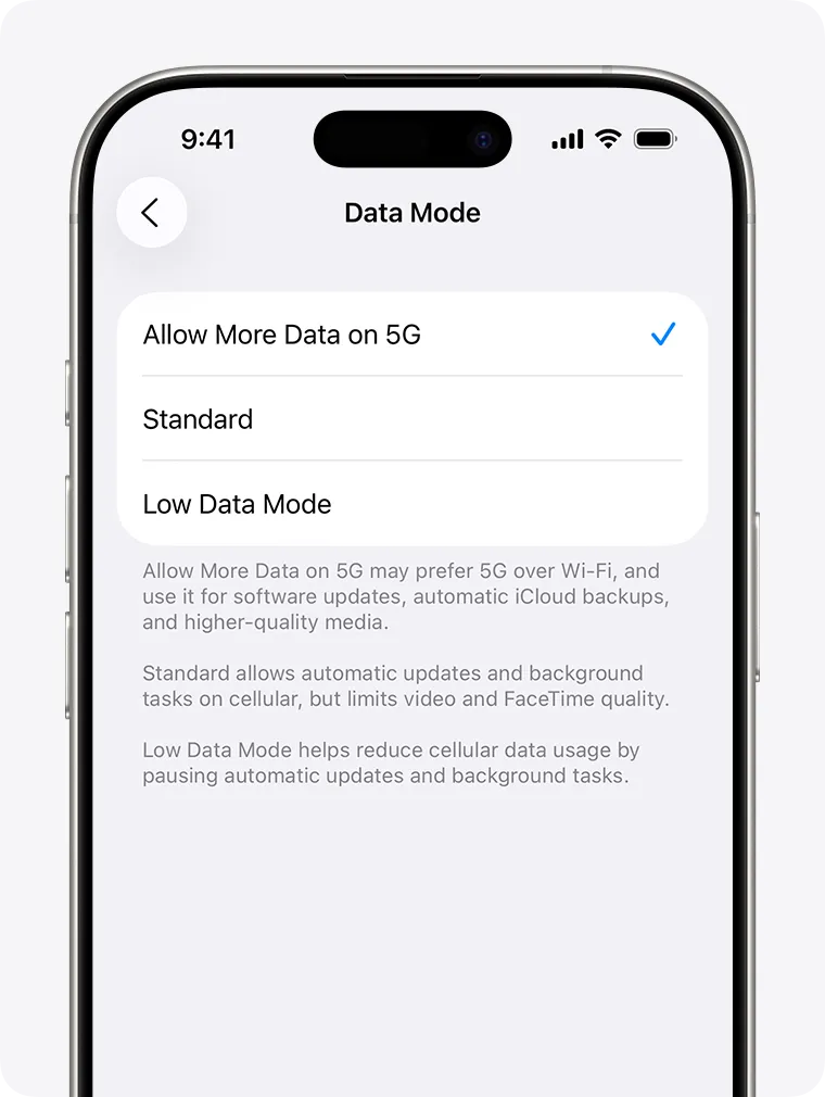 Tùy chọn chế độ dữ liệu di động trên iPhone, thể hiện cách tối ưu nguồn lực cho dự án tự lên lắp cái bộ.