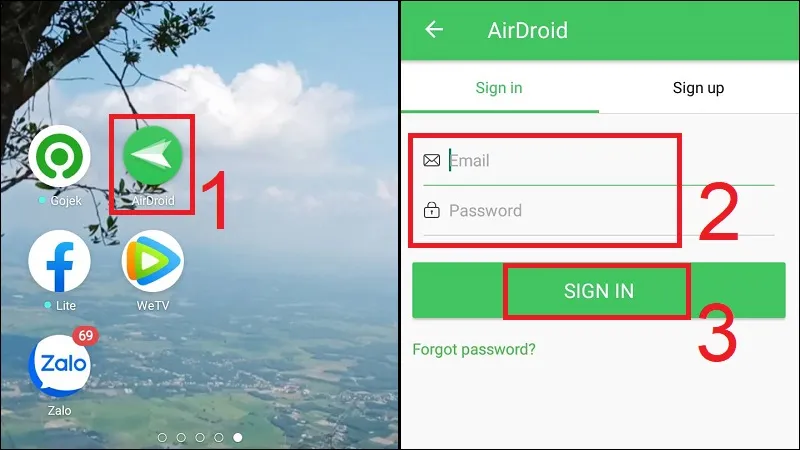 Mở và đăng nhập vào tài khoản AirDroid trên điện thoại OPPO của bạn