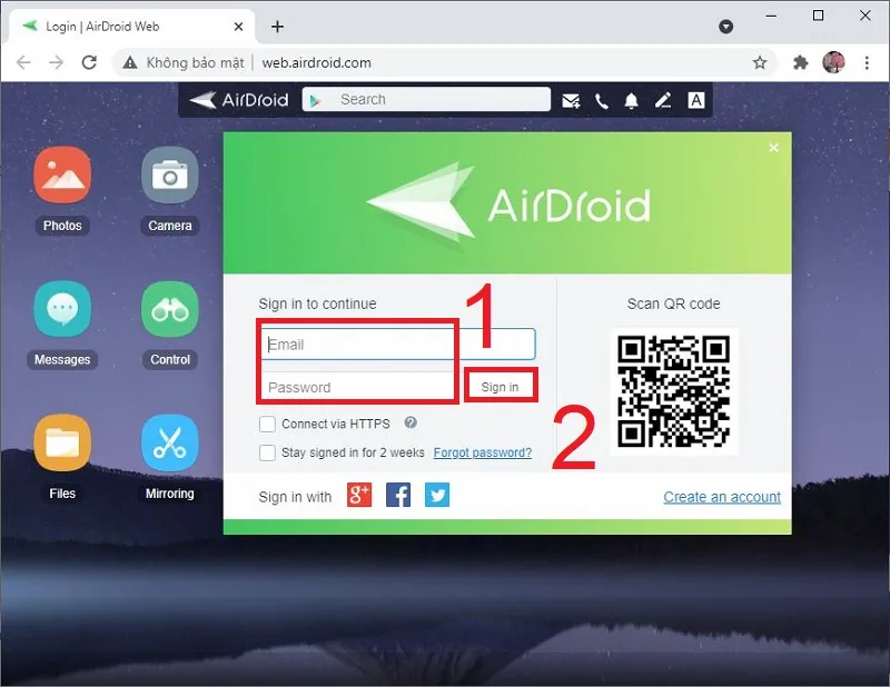 Truy cập và đăng nhập AirDroid trên máy tính để quản lý điện thoại OPPO