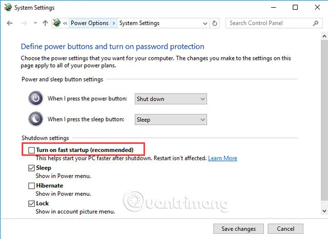 Bỏ chọn &quot;Turn on fast startup&quot; để giải quyết vấn đề máy tính bị tắt đột ngột