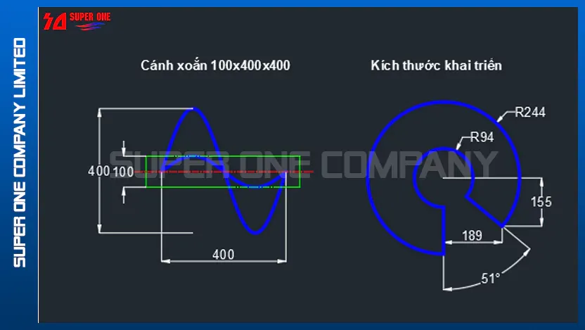 Sơ đồ kích thước khai triển cánh vít tải thủ công với các thông số D, d, P