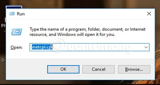 Sử dụng lệnh `inetcpl.cpl` để mở Thuộc tính Internet và kiểm tra proxy