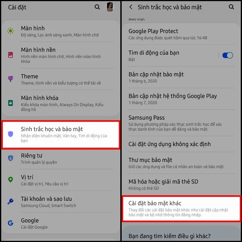 Menu &quot;Sinh trắc học và bảo mật&quot; trên điện thoại Samsung, nơi người dùng có thể kích hoạt tính năng Smart Lock.