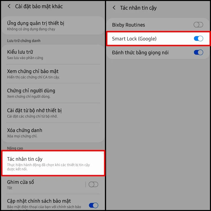 Kích hoạt &quot;Tác nhân tin cậy&quot; để bật Smart Lock, một phương pháp tiện lợi để mở khóa máy điện thoại Samsung.