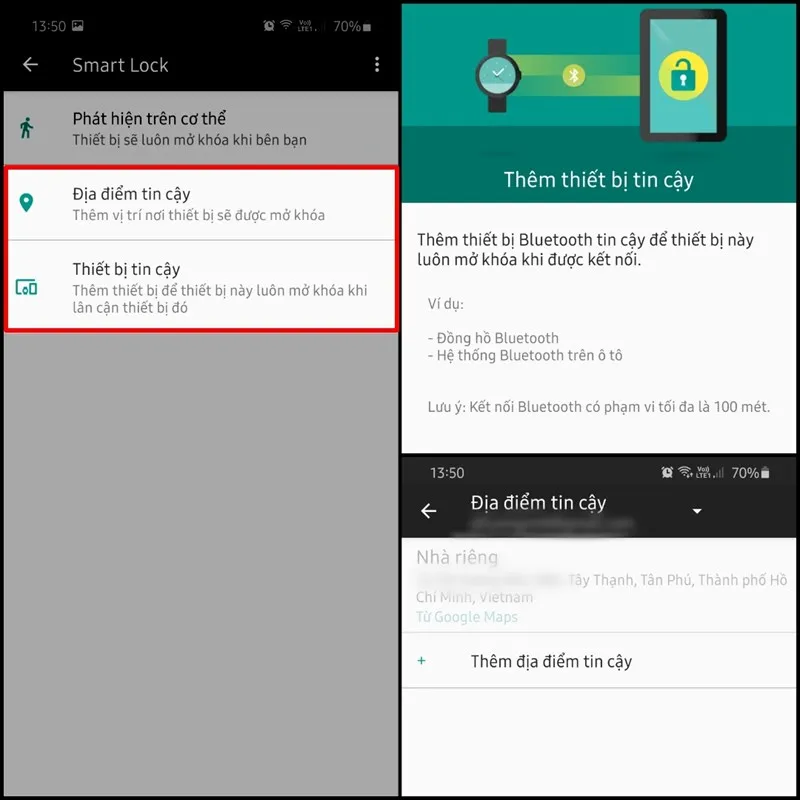 Minh họa các loại Smart Lock khác nhau, giúp người dùng tùy chỉnh cách mở khóa máy điện thoại Samsung một cách thông minh.