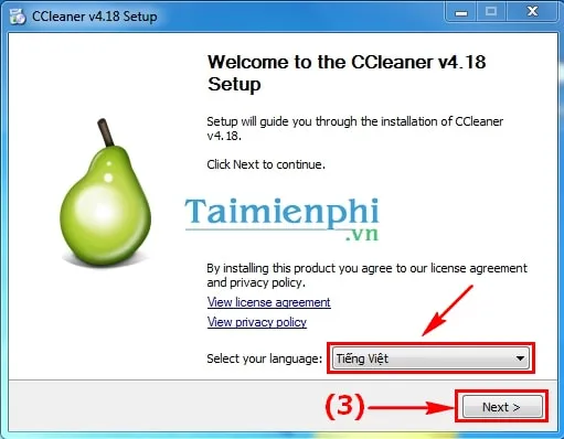 Nút Next để tiếp tục quá trình cài đặt CCleaner