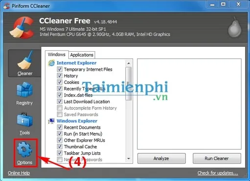 Mục Options trong giao diện CCleaner tiếng Anh