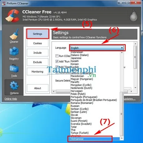 Cài đặt ngôn ngữ Vietnamese trong menu Settings của CCleaner