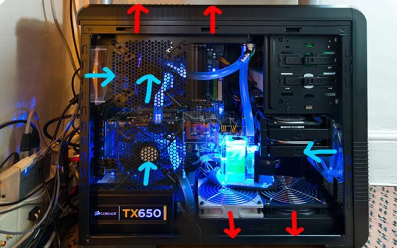 Minh họa cân bằng áp suất khí trong vỏ case PC để tối ưu làm mát