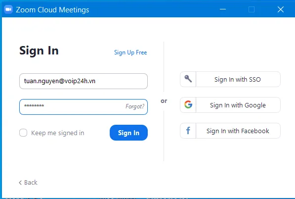 Giao diện đăng nhập tài khoản Zoom Meeting từ máy tính