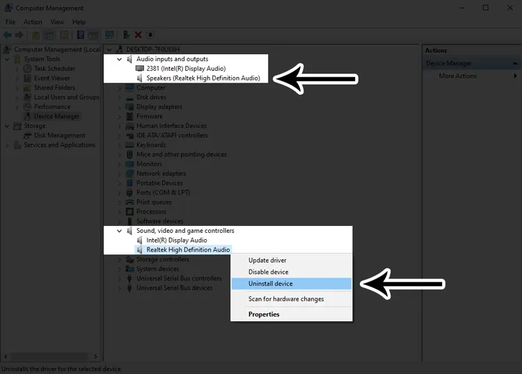 Gỡ cài đặt driver âm thanh trong Device Manager