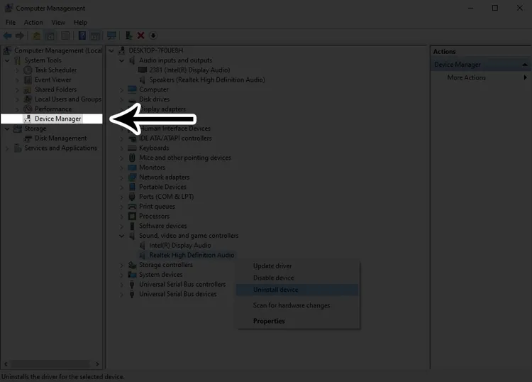 Truy cập Device Manager từ Computer Management để quản lý driver âm thanh