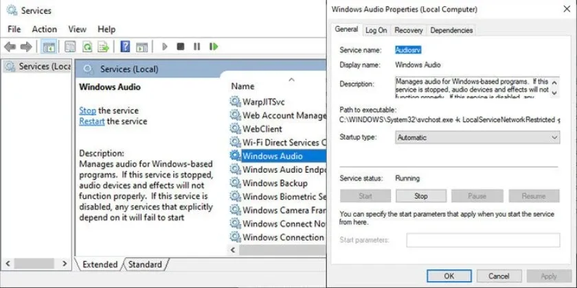 Kiểm tra dịch vụ Windows Audio để sửa máy tính không nhận tai nghe