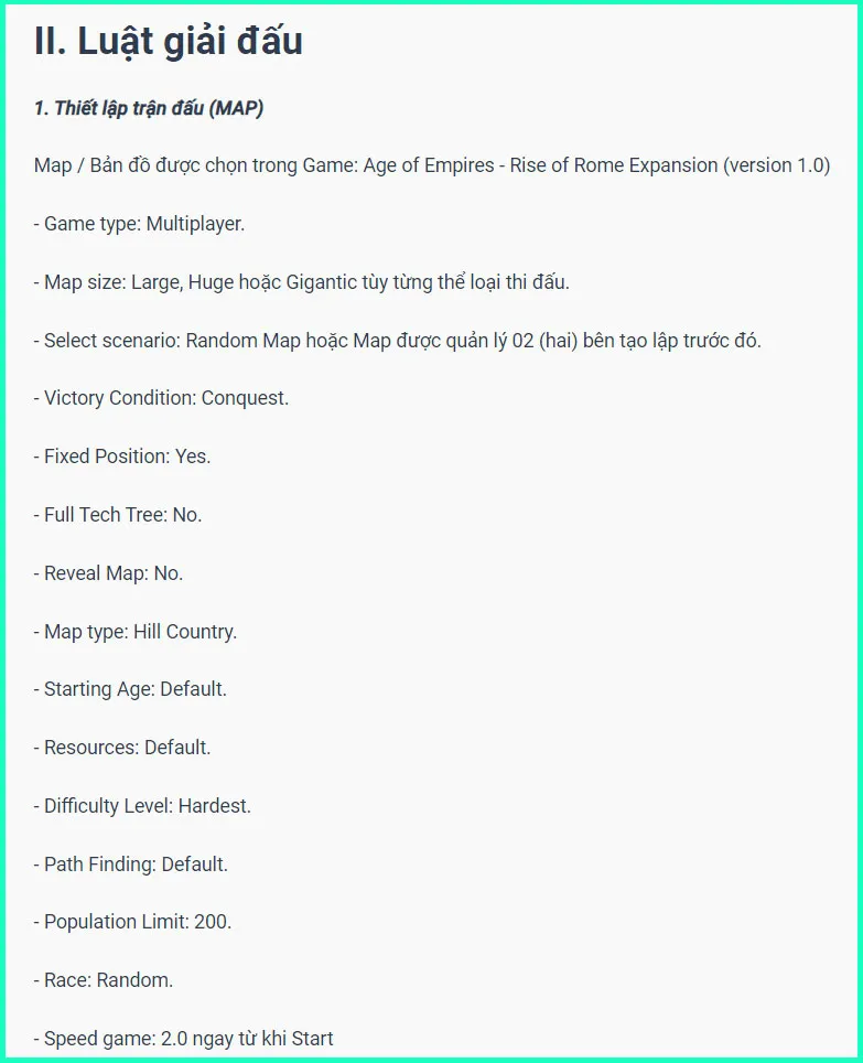 Bảng Thiết Lập Tiêu Chuẩn Cho Các Giải Đấu Đế Chế (AoE) Chuyên Nghiệp Việt Nam