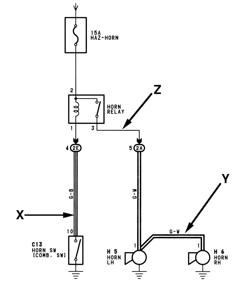 Sơ đồ mạch điều khiển còi xe Toyota, một phần trong hệ thống điện ô tô cần được đấu nối chính xác như khi thực hiện cách đấu tiết chế ngoài máy phát.