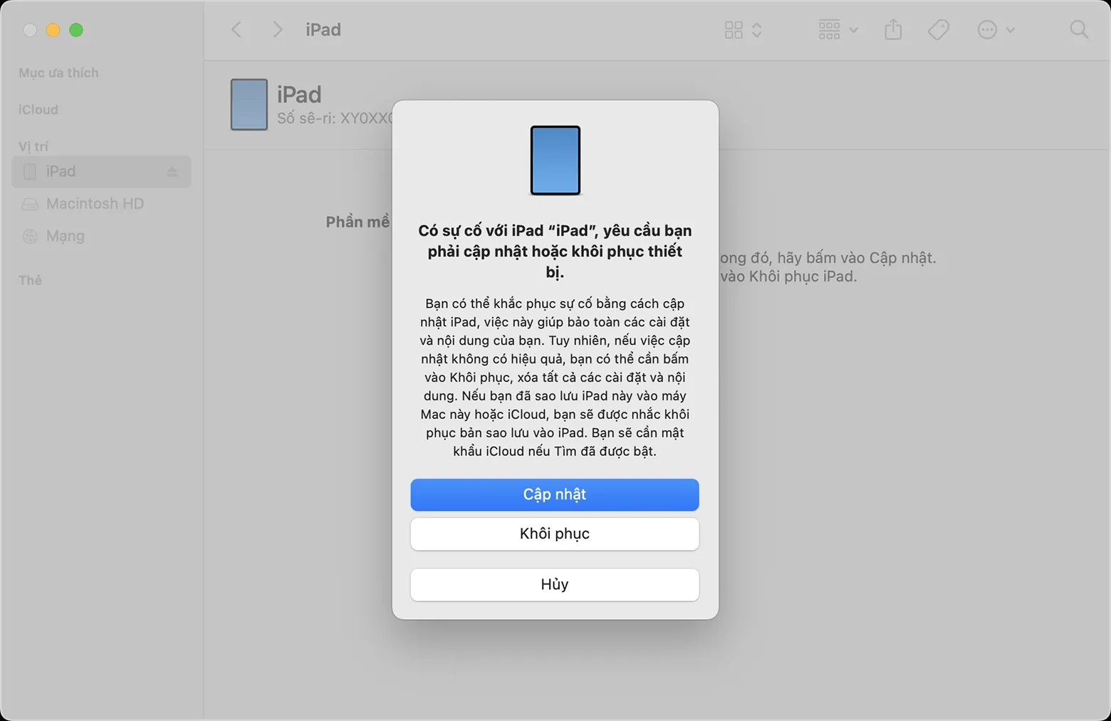 Chọn cập nhật phần mềm iPad trong Finder để khắc phục lỗi tắt máy tính