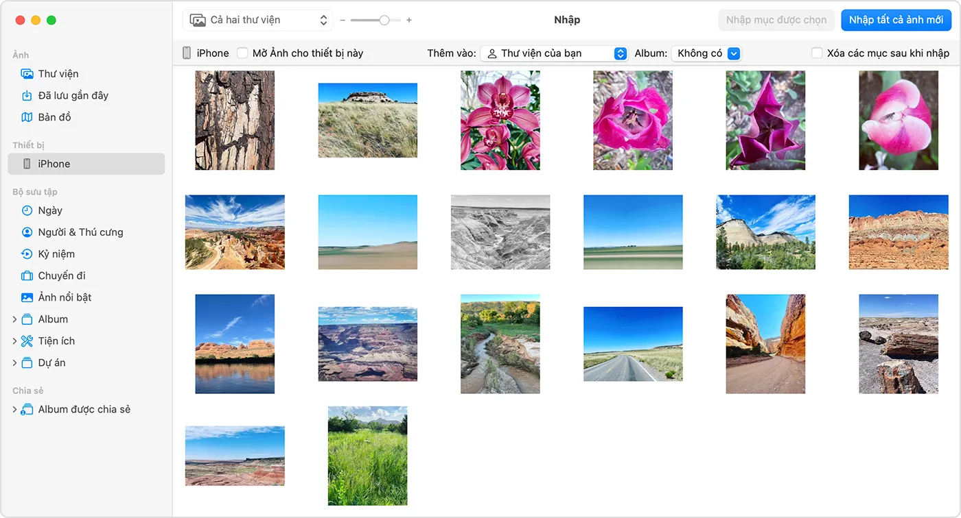 Giao diện ứng dụng Ảnh trên Mac hiển thị ảnh sẵn sàng nhập khi mở phone máy tính.