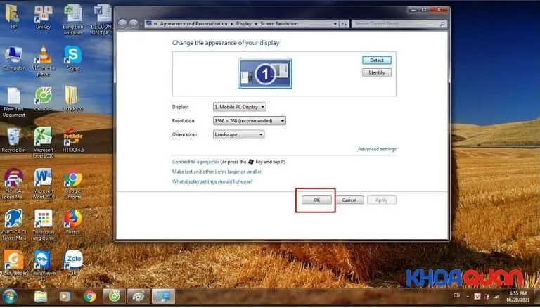 Nhấn OK để lưu các thay đổi về độ phân giải màn hình trên hệ điều hành Windows 7/8.