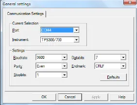 Cửa sổ cài đặt thông số truyền dữ liệu giữa máy toàn đạc Leica TC407 và máy tính, bước quan trọng trong cách sử dụng máy leica để sao lưu số liệu.