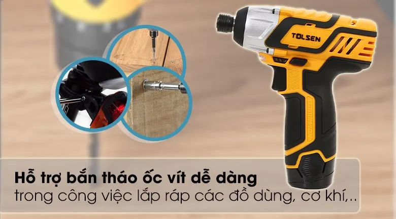 Máy vặn vít pin Tolsen 79025 12V hỗ trợ bắn, tháo ốc vít trong gia đình, lắp ráp các sản phẩm cơ khí tại xưởng