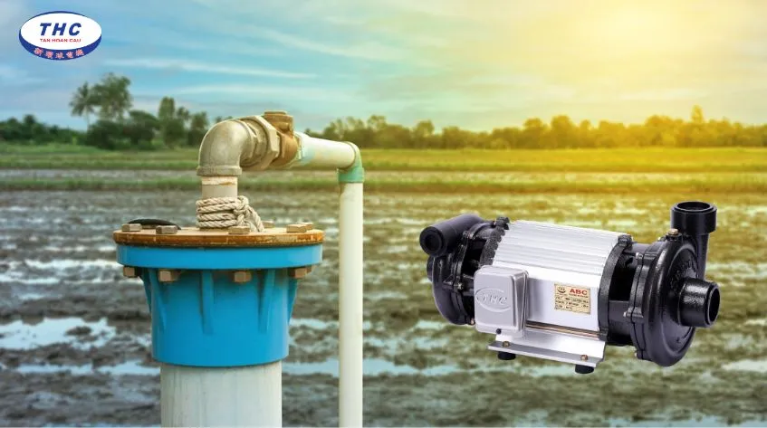 Máy bơm nước giếng khoan 2 đầu với các bộ phận cấu thành, gợi liên tưởng đến các chi tiết cần được lắp đặt chính xác trong mọi thiết bị cơ khí, bao gồm cả cách lắp đầu máy khoan.