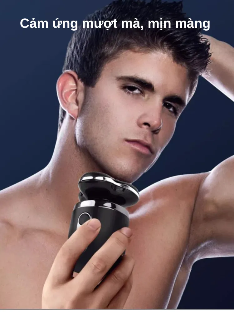 Một người đàn ông đang thực hiện cách sử dụng máy cạo râu điện xoay để cạo râu, minh họa kỹ thuật chuẩn bị trước khi cạo.