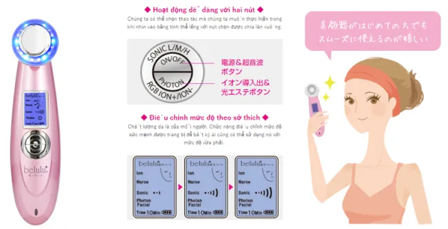 Màn hình hiển thị các chế độ hoạt động và nút bấm điều khiển của máy chăm sóc da Belulu Classy