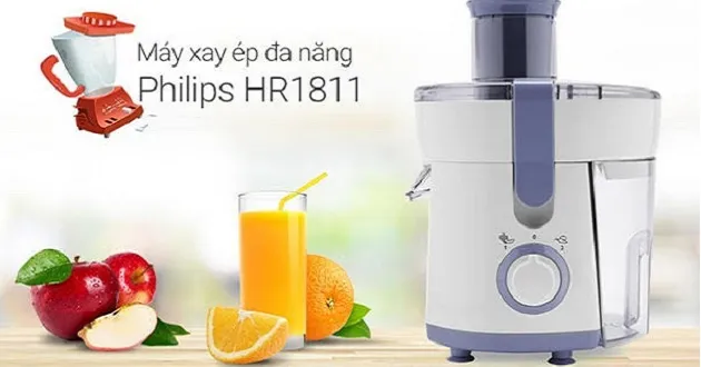 Máy ép trái cây Philips HR1811 với bộ lọc lưới và các nút điều khiển tốc độ ép