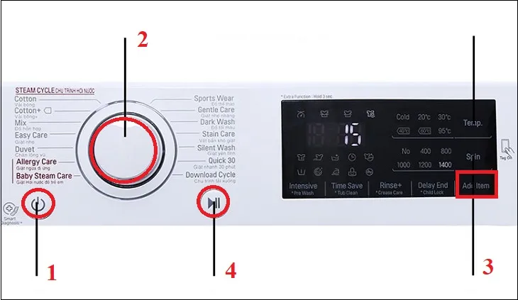 Sử dụng tính năng Add Item để thêm đồ giặt vào máy giặt LG cửa ngang