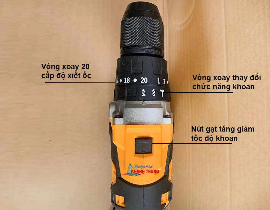 Các vòng điều chỉnh chức năng và cấp độ siết trên máy khoan bắn vít pin Dewalt